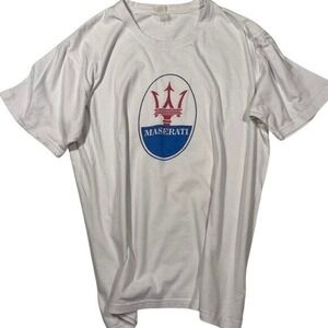 Y2K VTG Maserati Men's White T Shirt Logo Graphic Short Sleeve Tee Car